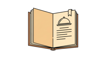 Isolated open menu book showing food cover, information and bookmark, graphic style