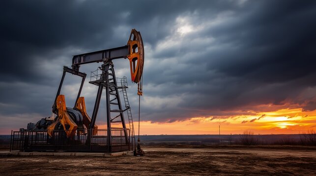 Silhouette of an oil pump jack against a dramatic sunset sky in a barren landscape. Concept for fossil fuels, energy industry and resource extraction