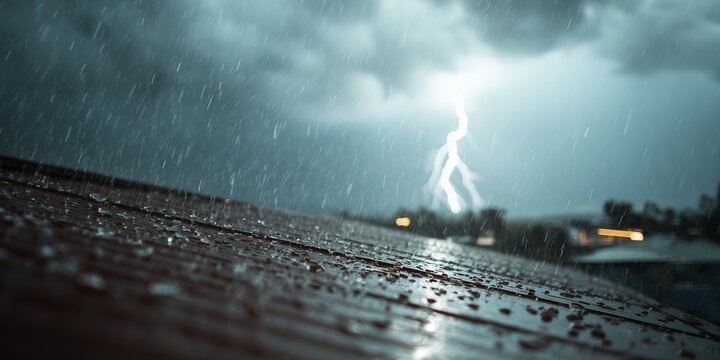 Raindrops on roof with lightning strike illuminating storm clouds above cityscape during severe weather, concept for climate change visualization, nature disaster illustration and extreme weather