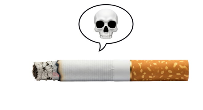 Isolated still life of cigarette with skull in a speech bubble as a danger warning