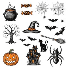 A collection of hand-drawn Halloween-themed doodle or sketch illustrations