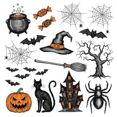 A collection of hand-drawn Halloween-themed doodle or sketch illustrations