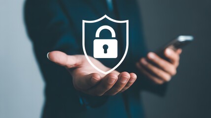 Cyber security network. Businessman holding Padlock shield icon and internet technology networking and protecting data personal information. privacy security. Data protection privacy concept. GDPR. EU