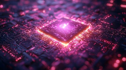 Close up of a glowing central processor on a complex circuit board with vibrant neon lights