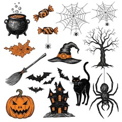 A collection of hand-drawn Halloween-themed doodle or sketch illustrations
