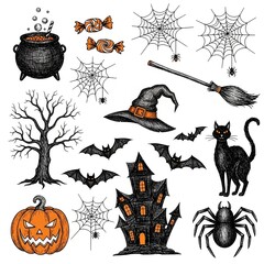 A collection of hand-drawn Halloween-themed doodle or sketch illustrations