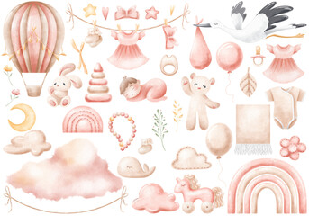 Baby watercolor illustration stork newborn girl isolated. Collection of hand drawn baloon, toys, clothes.
