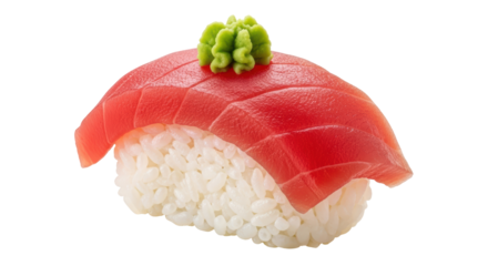 Isolated close-up of tuna nigiri sushi topped with wasabi, fresh seafood and rice dish