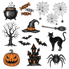 A collection of hand-drawn Halloween-themed doodle or sketch illustrations