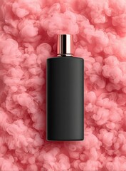 Black perfume bottle on pink smoke background