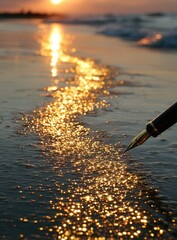 Golden sunset, pen in the ocean waves