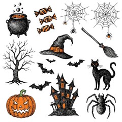 A collection of hand-drawn Halloween-themed doodle or sketch illustrations