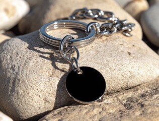Metal key chain with blank black disc, resting on stones