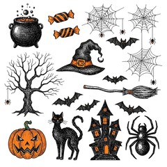 A collection of hand-drawn Halloween-themed doodle or sketch illustrations