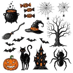 A collection of hand-drawn Halloween-themed doodle or sketch illustrations