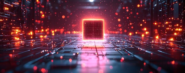 A luminous glowing cube representing a futuristic processor or quantum core hovers within a dark neon lit digital environment