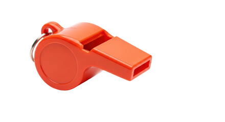 Isolated bright orange whistle, sports official referee accessory, lanyard ring attached