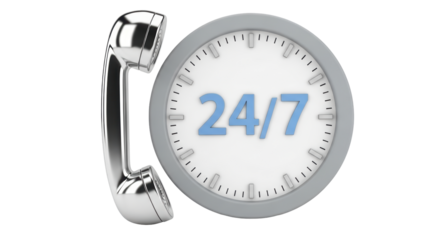 Isolated service support 24/7 with a phone and clock in gray blue and silver tones