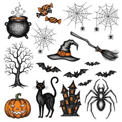 A collection of hand-drawn Halloween-themed doodle or sketch illustrations