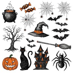 A collection of hand-drawn Halloween-themed doodle or sketch illustrations