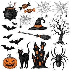 A collection of hand-drawn Halloween-themed doodle or sketch illustrations