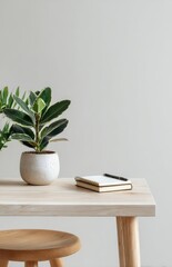 Modern minimalist home office setup featuring plant and notebook