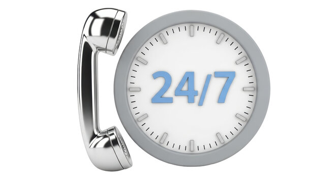 Isolated service support 24/7 with a phone and clock in gray blue and silver tones