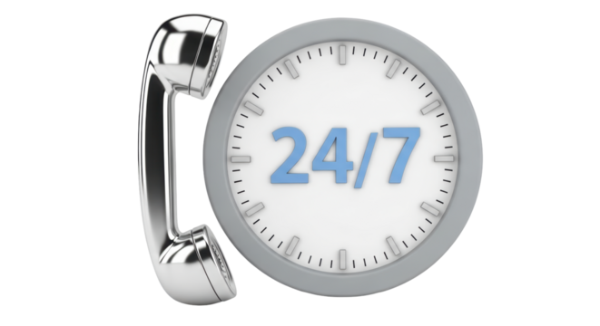 Isolated service support 24/7 with a phone and clock in gray blue and silver tones