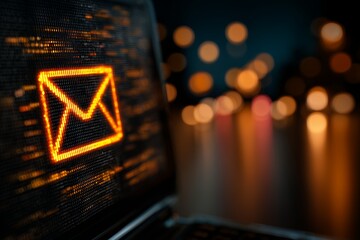 Glowing digital email icon on screen with dark bokeh background showcases an envelope outline, concept for online communication, electronic marketing and digital correspondence