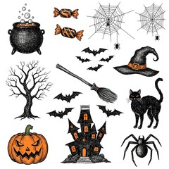 A collection of hand-drawn Halloween-themed doodle or sketch illustrations