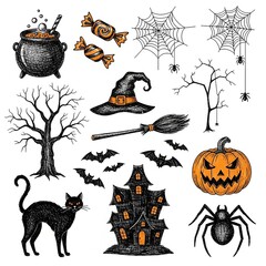 A collection of hand-drawn Halloween-themed doodle or sketch illustrations