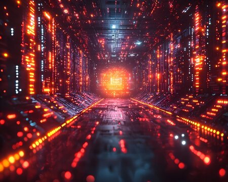 A futuristic digital tunnel filled with glowing red and blue data streams leading to a luminous central core