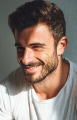Obraz premium Handsome young man with beard smiling and wearing white t-shirt