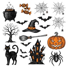 A collection of hand-drawn Halloween-themed doodle or sketch illustrations