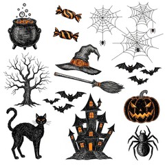 A collection of hand-drawn Halloween-themed doodle or sketch illustrations