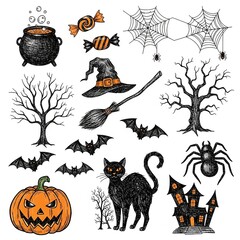 A collection of hand-drawn Halloween-themed doodle or sketch illustrations
