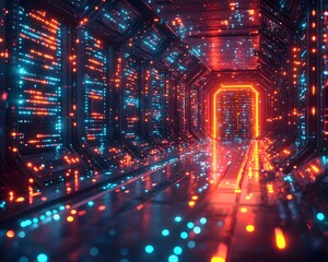 A futuristic digital tunnel illuminated by vibrant neon red and blue lights suggesting data flow and advanced technology