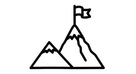 Isolated Mountain peak with flag marking achievement, success or goal, simple line art style