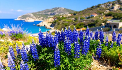 Blue lupines bloom by the sea
