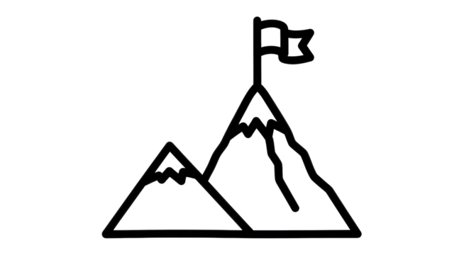 Isolated Mountain peak with flag marking achievement, success or goal, simple line art style