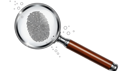 Isolated Magnifying Glass Examining Fingerprint, Evidence Under Investigation Discovery