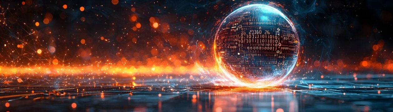 A glowing digital sphere covered in binary code surrounded by abstract lights and particles representing data and technology