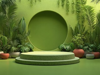 Empty green podium, lush plants