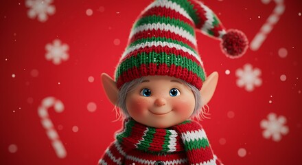 Cute Christmas Elf, Red Background, Winter Holiday