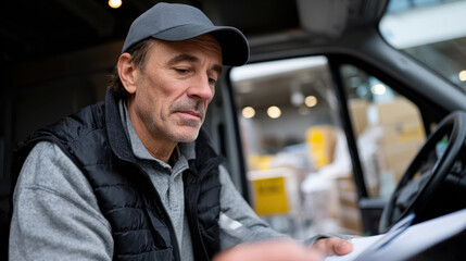 A middle-aged man looks intently at documents while seated in a delivery van, conveying concentration and diligence in his work environment during a busy day.