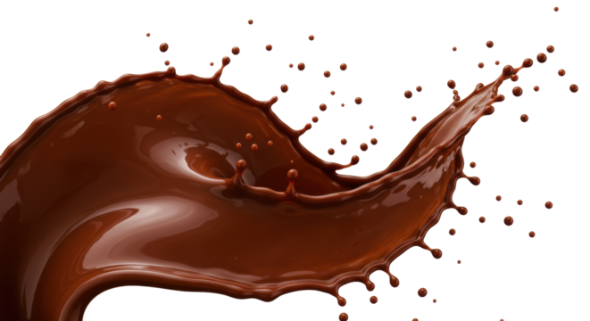 Dynamic splash of rich, molten, dark brown liquid chocolate with frozen droplets on a transparent background with copy space, high-speed commercial food photography concept for confectionery