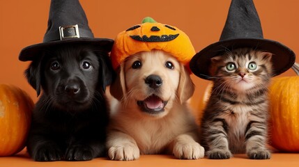 Adorable dogs and cat wearing Halloween costumes with pumpkins against orange background. concept for seasonal greeting card, festive holiday promotion and Halloween pet event