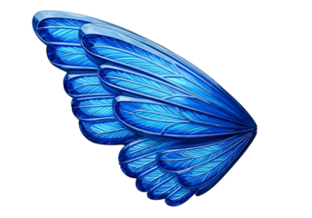 A vibrant, detailed close-up showcases a stunningly intricate, multifaceted butterfly wing, rendered in a deep, rich blue hue against a stark black background.