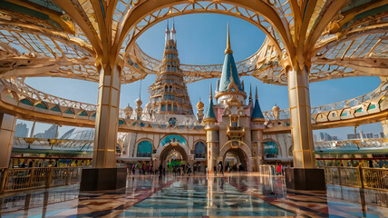 Naklejka premium Lotte World is famous for its Magic Castle Park where you can enjoy exciting rides such as the Ferris wheel, Magic Castle. and an ice skating rink in winter