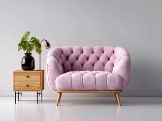 Pink tufted sofa, wooden side table, minimalist room